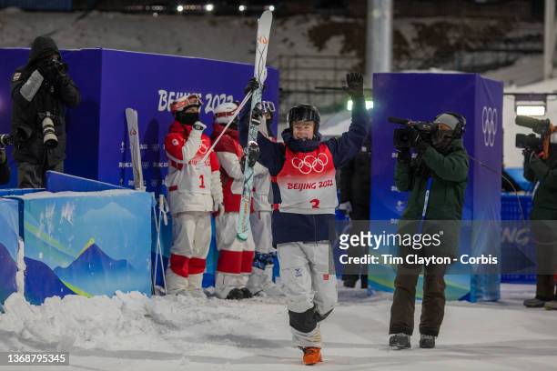 February 05: Walter Wallberg of Sweden reacts after winning the gold medal in the Moguls Final for Men at the Genting Snow Park during the Beijing...