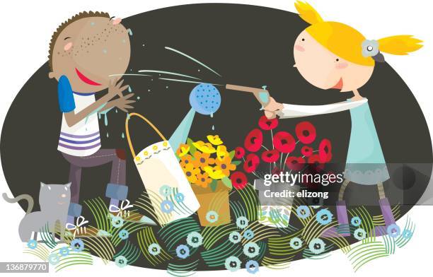 gardening fun! - water gun stock illustrations