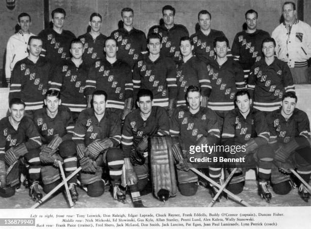 The 1949-50 New York Rangers pose for a team portrait circa 1950 in New York, New York. Front Row: Tony Leswick, Don Raleigh, Edgar Laprade, Chuck...