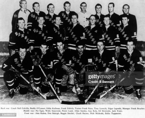 The 1950-51 New York Rangers pose for a team portrait circa 1951 in New York, New York. Back Row: Coach Neil Colville, Buddy O'Connor, Eddie Kullman,...
