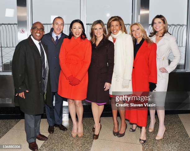 Today Show anchors Al Roker, Matt Lauer, Ann Curry, Natalie Morales, Hoda Kotb, Kathie Lee Gifford and Savannah Guthrie pose for pictures at The...