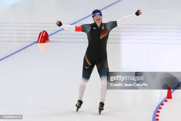Claudia Pechstein of Germany skates during the Women's 3000m on day one of the Beijing 2022 Winter Olympic Games at National Speed Skating Oval on...