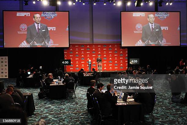Commissioner Don Garber talks to the media during the first round of the 2012 MLS SuperDraft presented by Adidas on January 12, 2012 at Kansas City...