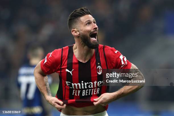 Olivier Giroud of AC Milan celebrates after scoring their team's second goal during the Serie A match between FC Internazionale and AC Milan at...