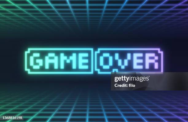 ilustraciones, imágenes clip art, dibujos animados e iconos de stock de game over digital video game end screen design background - over 80