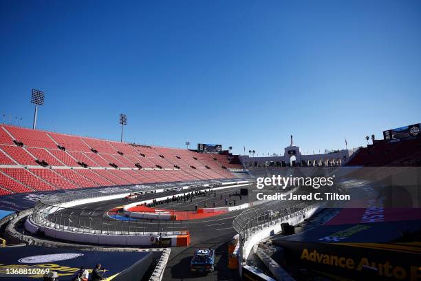 Austin Cindric, driver of the eCascadia Ford, exits the track after practice for the NASCAR Cup Series Busch Light Clash at Los Angeles Coliseum on...