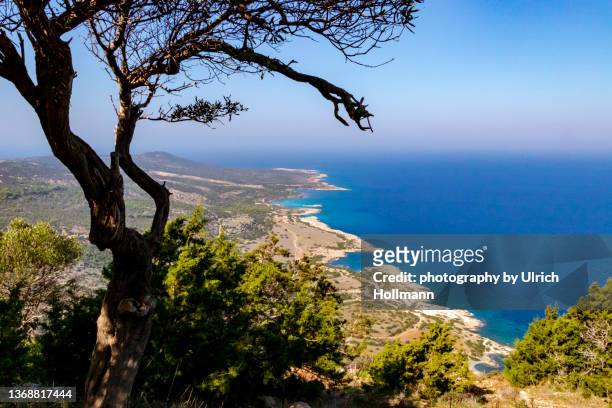 aphrodite trail, coastal walk on the akamas peninsula, north paphos, cyprus. - republic of cyprus stock-fotos und bilder