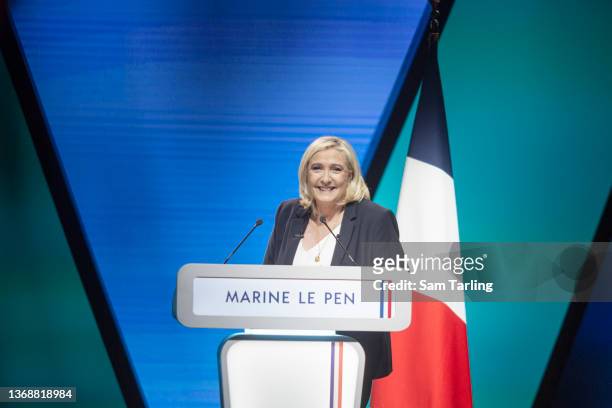 Marine Le Pen launches her presidential campaign on February 5, 2022 in Reims, France. This is the third bid at president for Marine Le Pen, who...