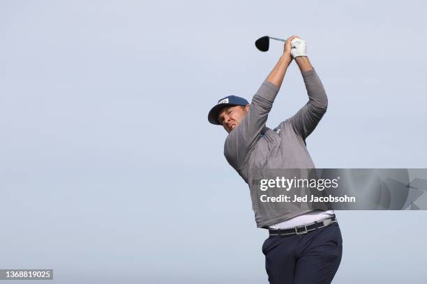 Seamus Power of Ireland plays his shot from the 13th tee during the third round of the AT&T Pebble Beach Pro-Am at the Monterey Peninsula Country...