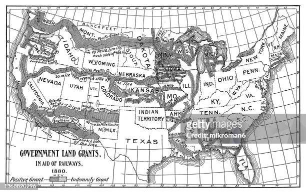 old map of government land grants in aid of railways, 1880 - washington state county map stock pictures, royalty-free photos & images