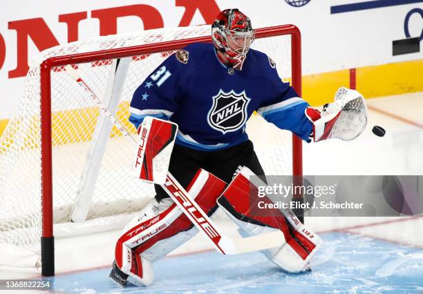 Frederik Andersen of the Carolina Hurricanes of the Metropolitan Division warms up before the 2022 NHL All-Star game between the Pacific Division and...