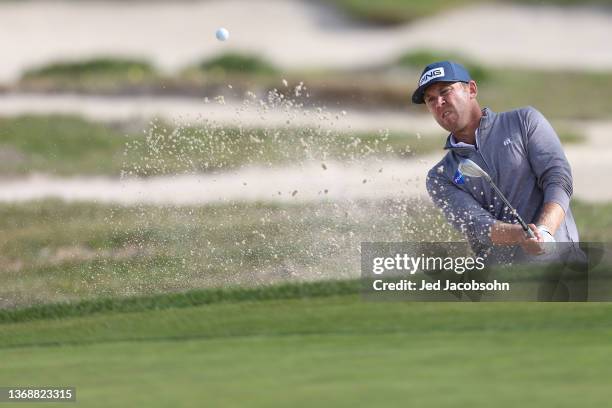 Seamus Power of Ireland plays a shot from a bunker on the 11th hole during the third round of the AT&T Pebble Beach Pro-Am at the Monterey Peninsula...