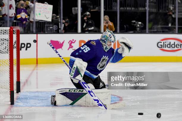 Thatcher Demko of the Vancouver Canucks warms up prior to the 2022 Honda NHL All-Star Game at T-Mobile Arena on February 05, 2022 in Las Vegas,...
