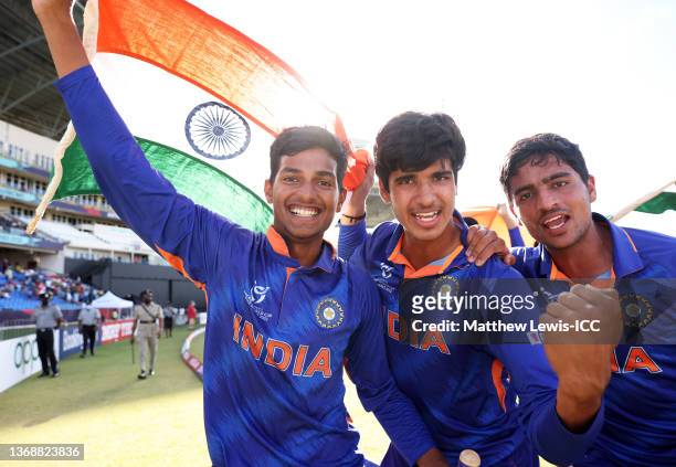 Yash Dhull of India celebrates alongside team mates after winning the ICC Men's U19 World Cup following the ICC U19 Men's Cricket World Cup Final...