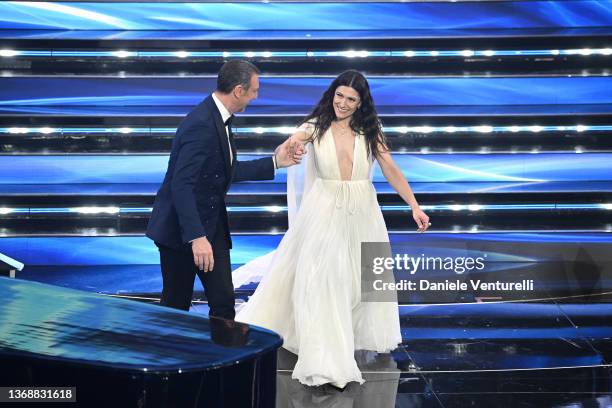 Amadeus and Elisa Toffoli attend the 72nd Sanremo Music Festival 2022 at Teatro Ariston on February 05, 2022 in Sanremo, Italy.