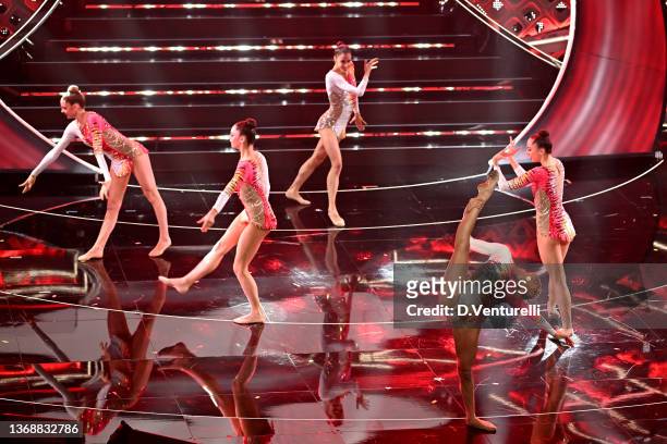 Italy's national rhythmic gymnastics team "Farfalle" attend the 72nd Sanremo Music Festival 2022 at Teatro Ariston on February 05, 2022 in Sanremo,...