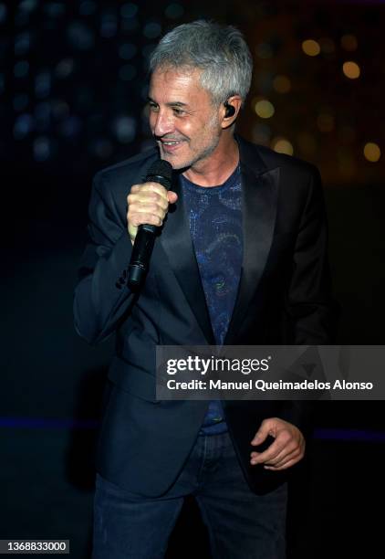 Spanish singer Sergio Dalma performs on stage at Palau de Les Arts on February 05, 2022 in Valencia, Spain.