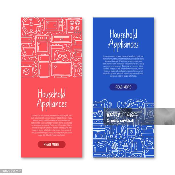 household appliances related objects and elements. hand drawn vector doodle illustration collection. banner template with different household appliances objects - robot vacuum stock illustrations