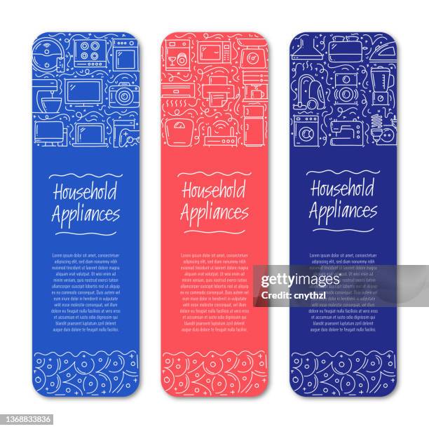 household appliances related objects and elements. hand drawn vector doodle illustration collection. banner template with different household appliances objects - robot vacuum stock illustrations