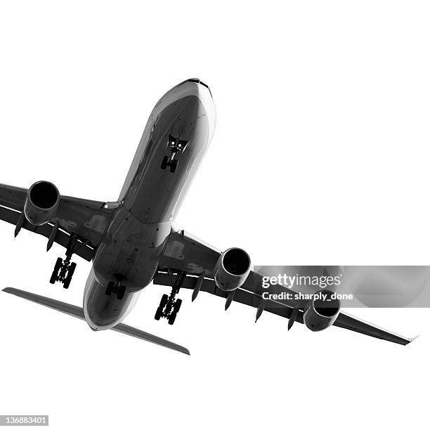 jet airplane landing on white background - airplane take off stock pictures, royalty-free photos & images