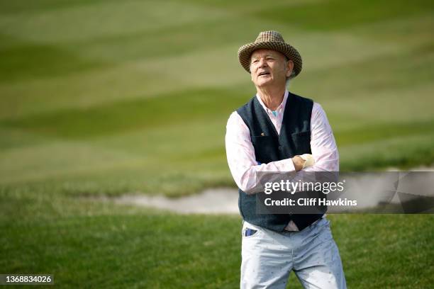 Actor Bill Murray waits on the eighth green during the third round of the AT&T Pebble Beach Pro-Am at Pebble Beach Golf Links on February 05, 2022 in...