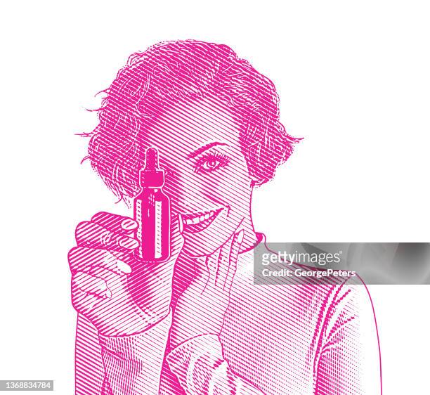 エッセンシャルオイルとピペットのボトルを持つ美しい女性 - アロマ　女性点のイラスト素材／クリップアート素材／マンガ素材／アイコ�ン素材