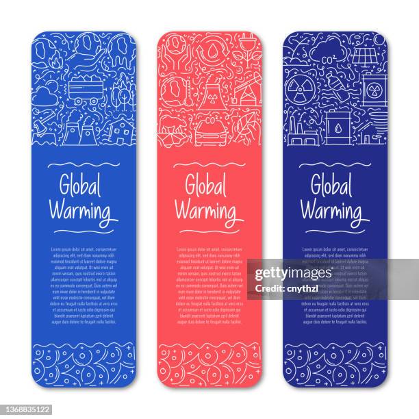global warming related objects and elements. hand drawn vector doodle illustration collection. banner template with different global warming objects - creative-recycle-symbol-drawing stock illustrations