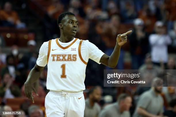 Andrew Jones of the Texas Longhorns reacts as Texas Longhorns defeats Iowa State Cyclones 63-41 at the Frank Erwin Center on February 05, 2022 in...