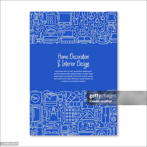 home decoration and interior design related objects and elements. hand drawn vector doodle illustration collection. poster, cover template with different home decoration and interior design objects - modern dining table stock illustrations