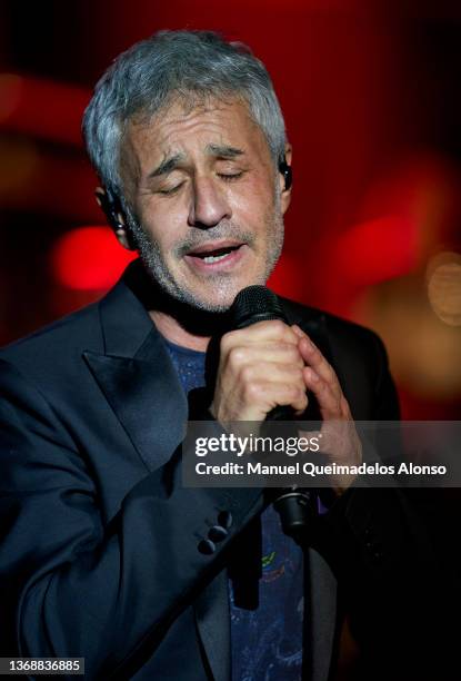 Spanish singer Sergio Dalma performs on stage at Palau de Les Arts on February 05, 2022 in Valencia, Spain.