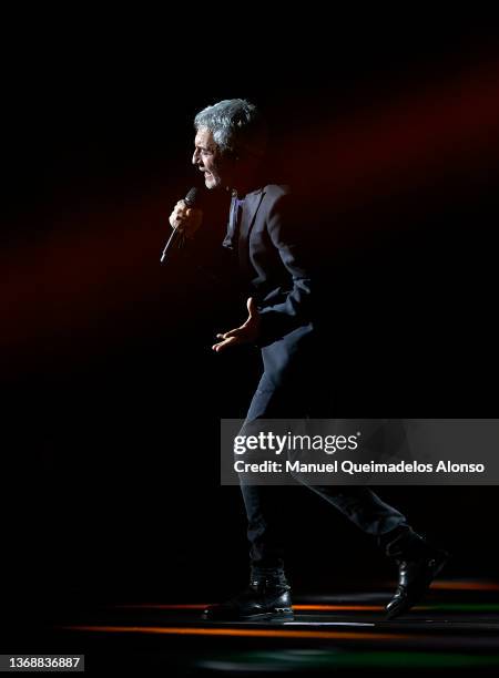 Spanish singer Sergio Dalma performs on stage at Palau de Les Arts on February 05, 2022 in Valencia, Spain.