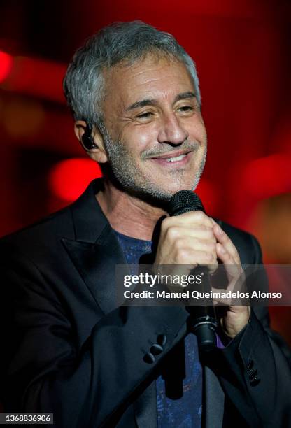 Spanish singer Sergio Dalma performs on stage at Palau de Les Arts on February 05, 2022 in Valencia, Spain.