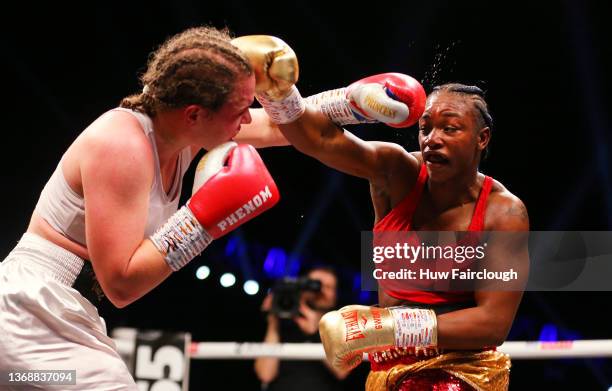 Claressa Shields punches Ema Kozin during the WBO, WBA, IBO AND WBF Women's Middleweight Title fight between Claressa Shields and Erna Kozin at...