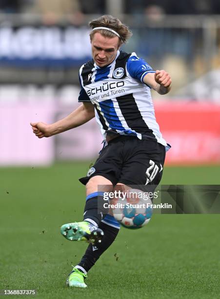 Patrick Wimmer of Bielefeld in action during the Bundesliga match between DSC Arminia Bielefeld and Borussia Mönchengladbach at Schueco Arena on...