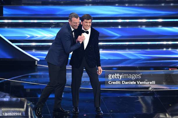 Amadeus and Gianni Morandi attends the 72nd Sanremo Music Festival 2022 at Teatro Ariston on February 05, 2022 in Sanremo, Italy.