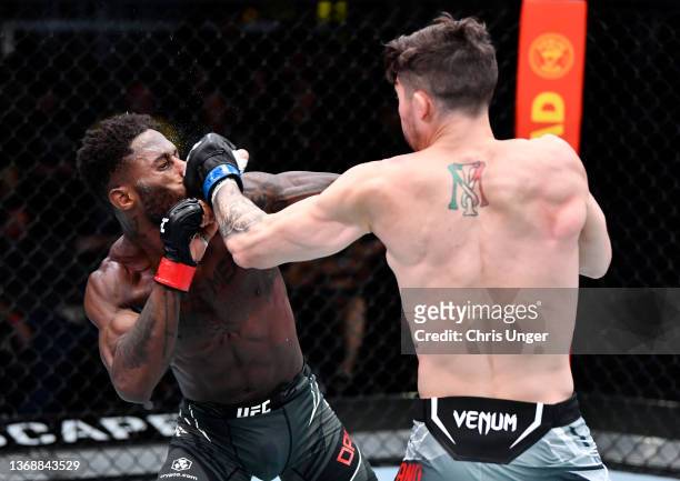 Michael Trizano punches Hakeem Dawodu of Canada in their featherweight fight during the UFC Fight Night event at UFC APEX on February 05, 2022 in Las...