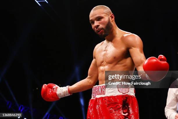Chris Eubank Jr reacts during the Middleweight fight between Chris Eubank Jr and Liam Williams at Motorpoint Arena Cardiff on February 05, 2022 in...