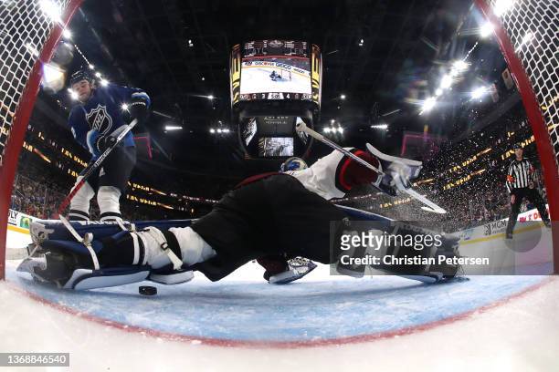 Jack Campbell of the Toronto Maple Leafs dives to save the puck during the game between the Metropolitan Division and the Central Division during the...