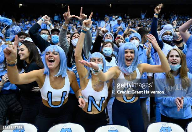 North Carolina Tar Heels fans cheer during the first half of their game against the Duke Blue Devils at the Dean E. Smith Center on February 05, 2022...