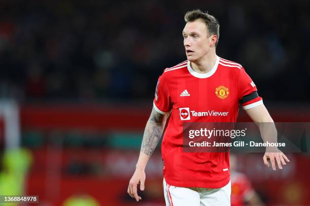 Phil Jones of Manchester United looks on during the Emirates FA Cup Fourth Round match between Manchester United and Middlesbrough at Old Trafford on...