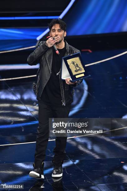 Fabrizio Moro poses with "SERGIO BARDOTTI" award for best song lyrics during the 72nd Sanremo Music Festival 2022 at Teatro Ariston on February 05,...