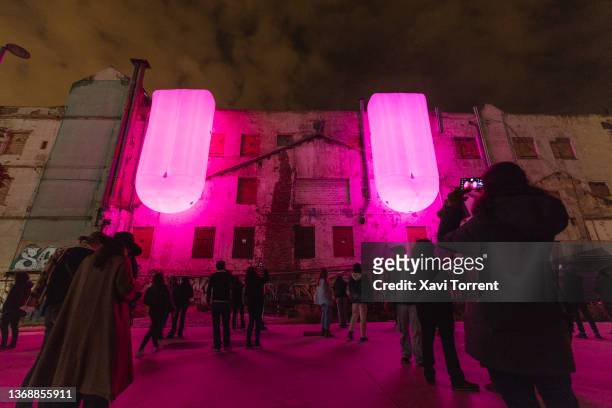 View of the light show "Dialogar" during the Llum BCN 2022 organized by the Barcelona city council on February 05, 2022 in Barcelona, Spain.