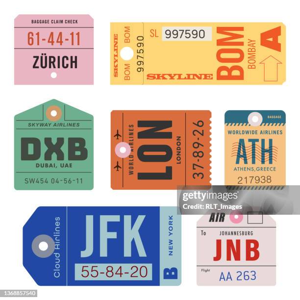 vintage world travel luggage tags - luggage tag stock illustrations