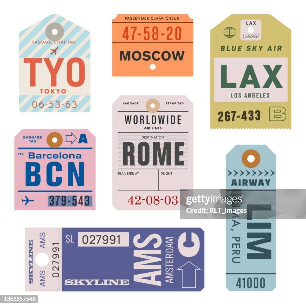 ilustrações de stock, clip art, desenhos animados e ícones de vintage world travel luggage tags - etiqueta de bagagem