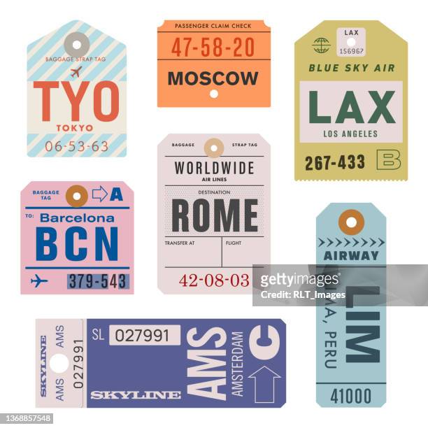 vintage world travel luggage tags - travel destinations stock illustrations