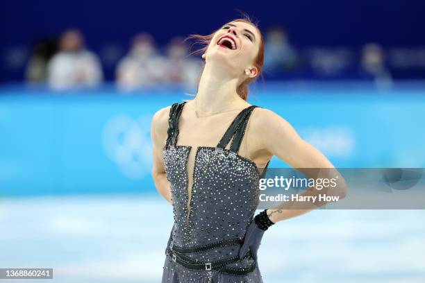 Eliska Brezinova of Team Czech Republic reacts following her skate in the Women Single Skating Short Program Team Event on day two of the Beijing...