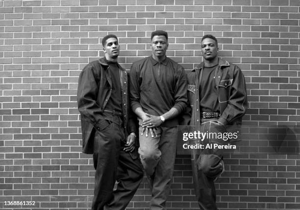 Charles Smith, Patrick Ewing and Charles Oakley of the New York Knicks appear in a portrait taken on February 10, 1994 at their Training Facility at...