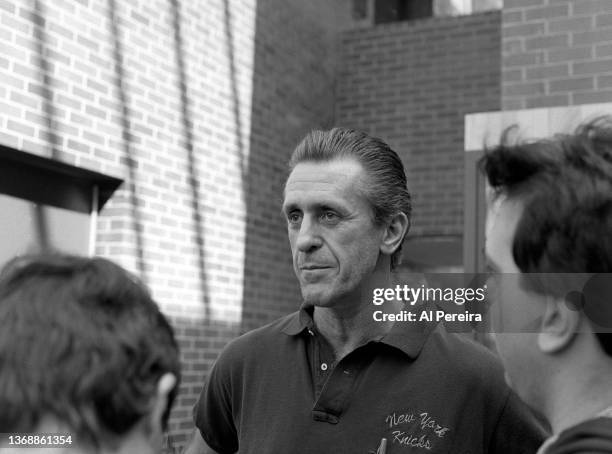 Head Coach Pat Riley of the New York Knicks addresses the media and appears in a portrait taken on February 10, 1994 at their Training Facility at...