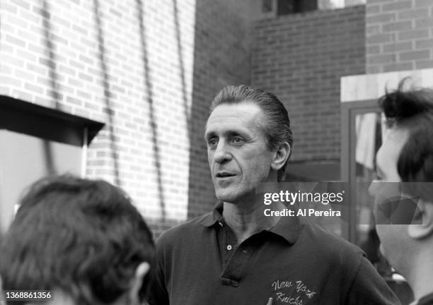 Head Coach Pat Riley of the New York Knicks addresses the media and appears in a portrait taken on February 10, 1994 at their Training Facility at...