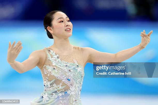 Wakaba Higuchi of Team Japan skates during the Women Single Skating Short Program Team Event on day two of the Beijing 2022 Winter Olympic Games at...